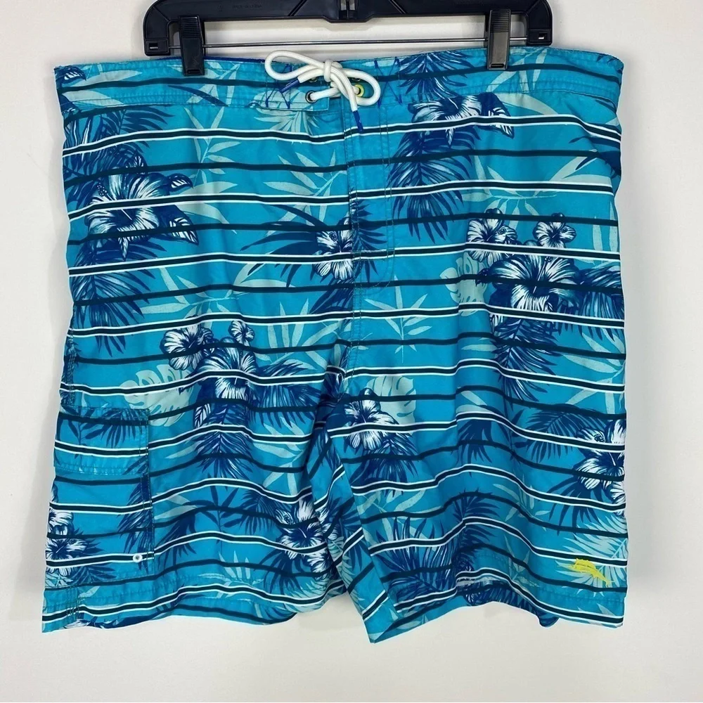 Tommy Bahama Blue Palm Leaf Tree Hawaiian Swim Trunks Beach Pool Vacation